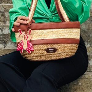 Home elegant handcrafted jute & vegan leather shoulder tote with owl charm